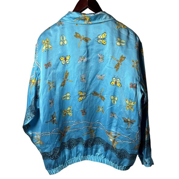 Vintage Blue 100% Silk Butterfly & Dragonfly Print Jacket Full Zip - Picture 2 of 11